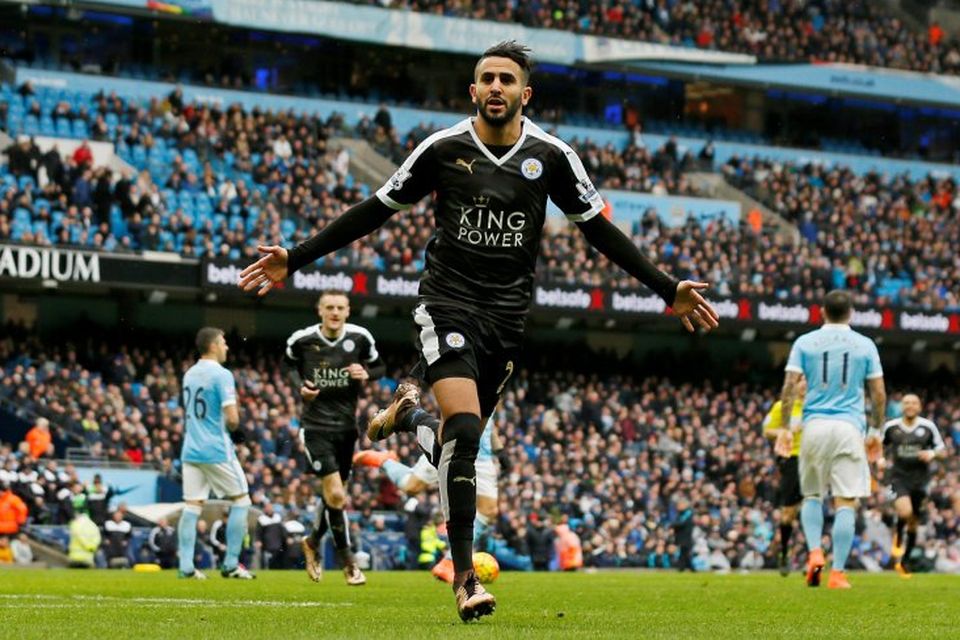 Leicester City's Riyad Mahrez celebrates scoring against Manchester City