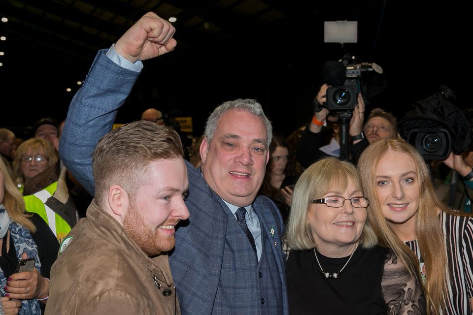 Sinn Fein candidate Aengus O Snodaigh with his son Fearghal, wife Aisling & daughter Eadaoin at the RDS count Centre Dublin.
Photo:Gareth Chaney/Collins
