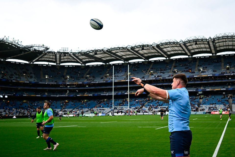 Dan Sheehan of Leinster warms-up before the Investec Champions Cup semi-final match between Leinster and Northampton Saints at Croke Park