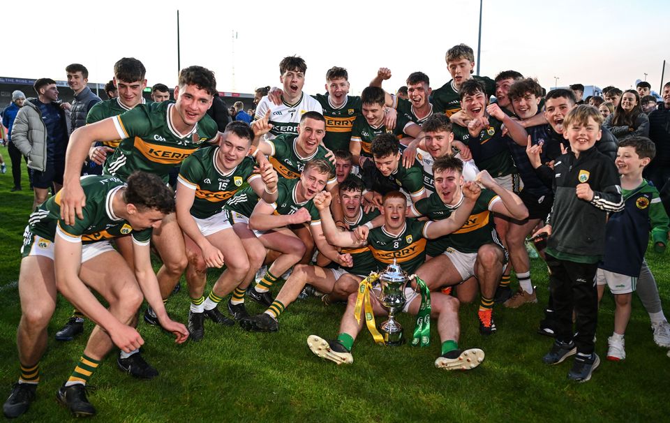 The Kerry team celebrate with the Noel Walsh cup after winning the Munster U-20 Football Championship Final against Cork at Austin Stack Park in Tralee. Photo by Sportsfile