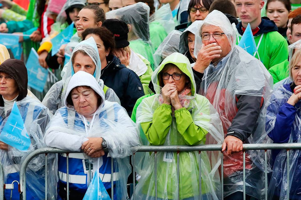 Pilgrims listen to Pope Francis address the crowd  at Knock Shrine.
Pic Steve Humphreys
26th August 2018