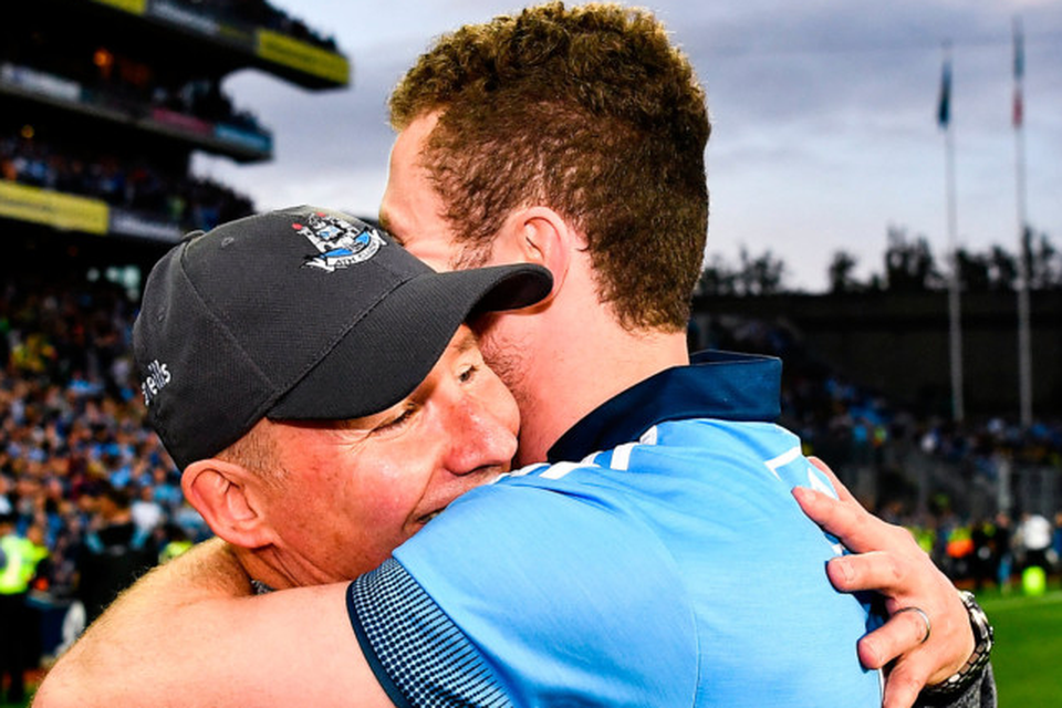 Dublin manager Jim Gavin and Jack McCaffrey celebrate after Saturday’s All-Ireland final win over Kerry at Croke Park