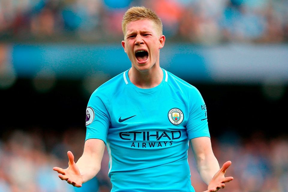 Kevin De Bruyne of Manchester City reacts during the Premier League match between Manchester City and Stoke City at Etihad Stadium