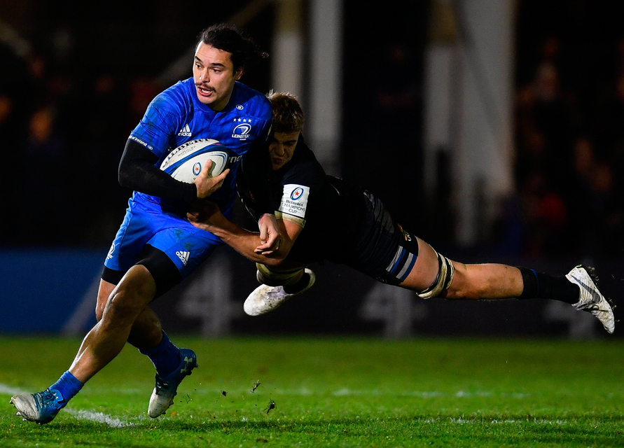 Leinster's James Lowe is tackled by Bath's Tom Ellis. Photo: Sportsfile
