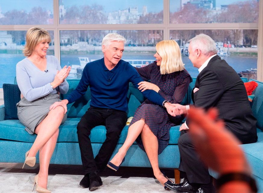 Eamonn Holmes and wife Ruth Langsford on the This Morning sofa with Phillip Schofield and Holly Willoughby in February 2020.