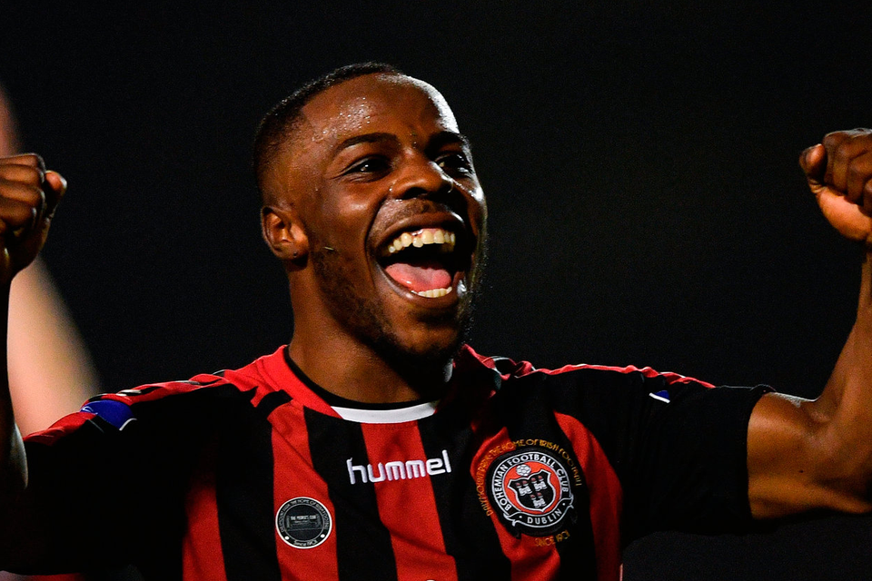 Fuad Sule of Bohemians celebrates at the final whistle   Photo: Sportsfile