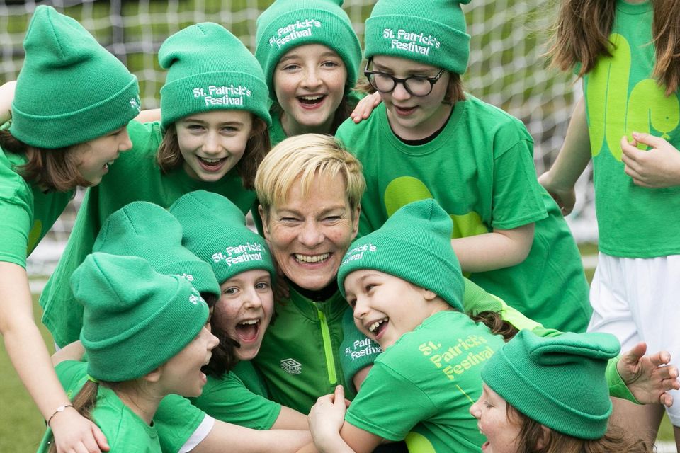 Republic of Ireland Women’s National Football Team manager Vera Pauw with members of Larkview FC’s under-10 girls team at the Cabbage Patch, Dublin. Photo: Gareth Chaney/Collins Photos