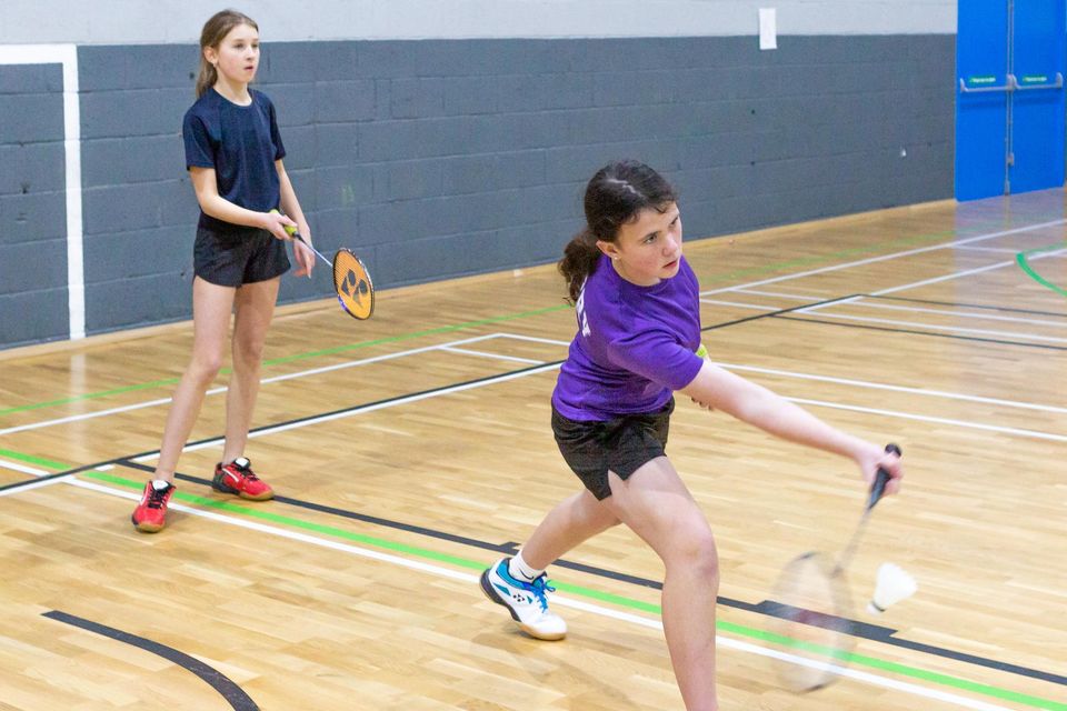 Nicole Vesko and Triona Prendiville, Listowel Badminton Club, on their way to winning the Under-13 Girls Doubles final at the Munster Juvenile Closed Championships that took place Tralee Sports and Leisure Centre last Sunday. Photo by Thomas Bradley