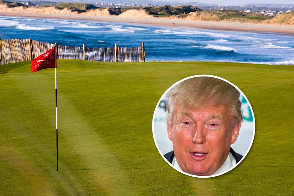 The 18th green at Doonbeg Golf Club in County Clare. Inset: Donald Trump. Photo: Arthur Ellis.