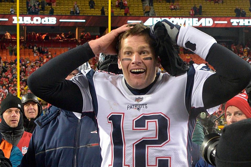 New England Patriots quarterback Tom Brady (12) reacts after defeating the Kansas City Chiefs during overtime in the AFC Championship game at Arrowhead Stadium. Credit: Jay Biggerstaff-USA TODAY Sports