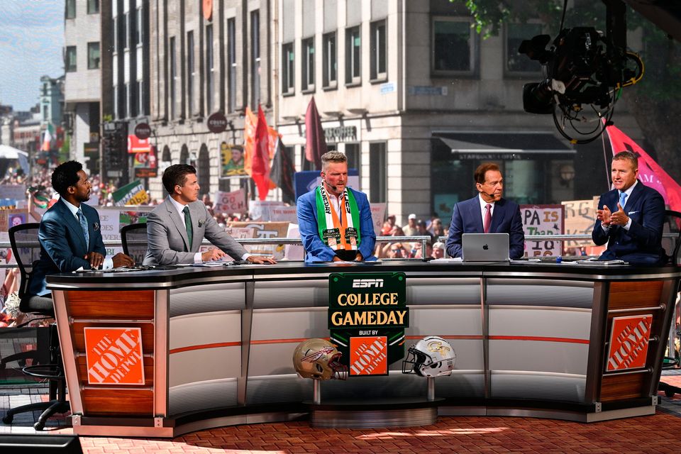 24 August 2024; ESPN GameDay hosts and analysts, from left, Desmond Howard, Rece Davis, Pat McAfee, Nick Saban and Kirk Herbstreit, during the ESPN College GameDay pre-match event in Dublin ahead of the 2024 Aer Lingus College Football Classic match between Florida State and Georgia Tech at the Aviva Stadium. Photo by David Fitzgerald/Sportsfile 