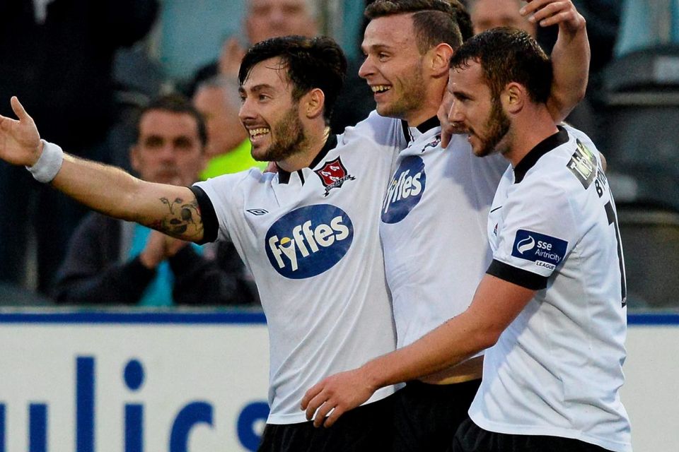 Andy Boyle, Dundalk, centre, celebrates with team-mates Richie Towell, left, and Kurtis Byrne after scoring his side's first goal of the night. SSE Airtricity League Premier Division, Dundalk v Bohemians, Oriel Park, Dundalk, Co. Louth. Picture credit: Oliver McVeigh / SPORTSFILE