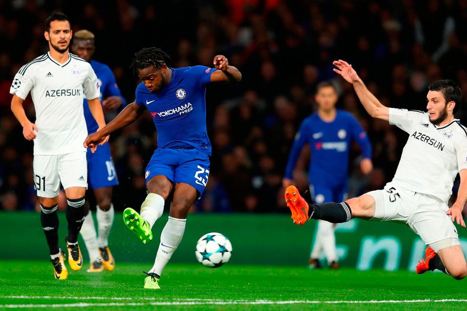 LONDON, ENGLAND - SEPTEMBER 12: Michy Batshuayi of Chelsea scores his sides fifth goal during the UEFA Champions League Group C match between Chelsea FC and Qarabag FK at Stamford Bridge on September 12, 2017 in London, United Kingdom.  (Photo by Richard Heathcote/Getty Images)