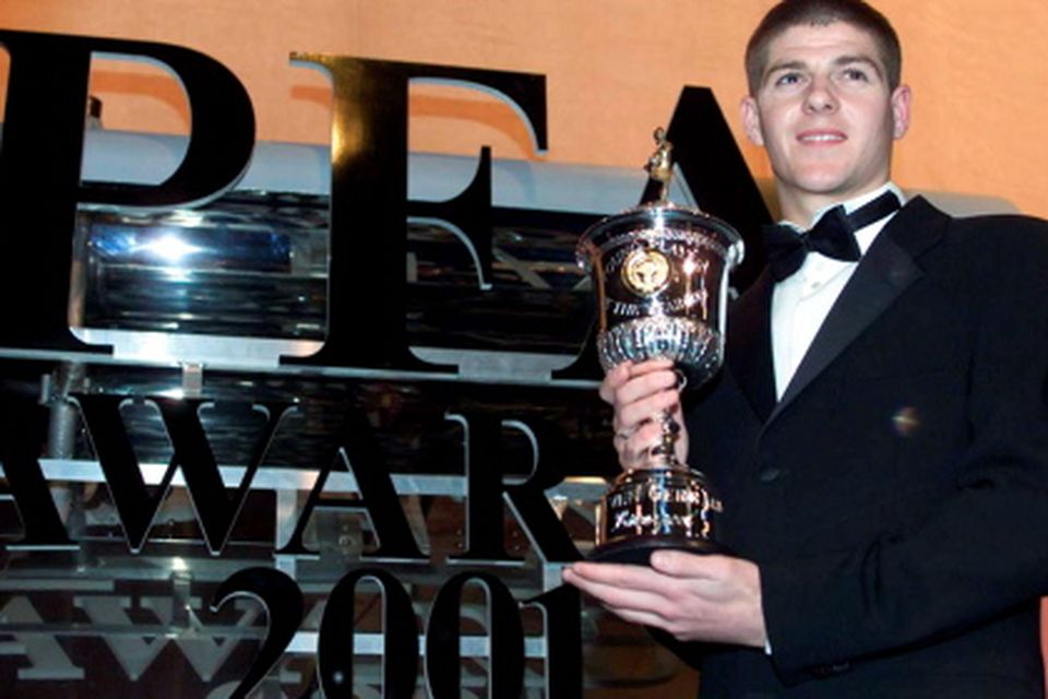 File photo dated 29-04-2001 of Liverpool's Steven Gerrard receives The Professional Footballers' Association Young Player of the Year Award at a ceremony held at the Grosvenor House Hotel, London. 
Gareth Copley/PA Wire.