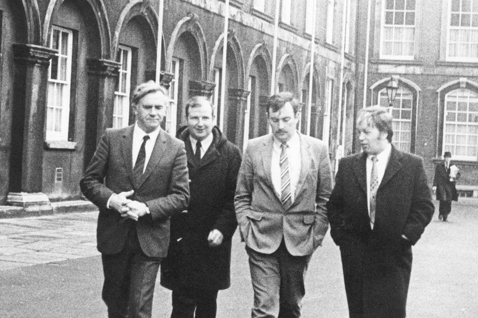 Sergeant PJ Browne (2nd from left) leaving the Kerry Babies Tribunal after giving evidence, with Detective Superintendent John Courtney (left), Detective Sergeant Shelly and Detective Sergeant Mossey O'Donnell. Photo: Eamonn Farrell/RollingNews.ie