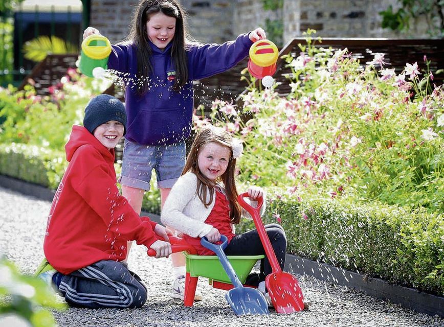 Seamus (10), Grace (7) and Heather (6) Murphy Cruse at the Barretstown and Glanbia garden