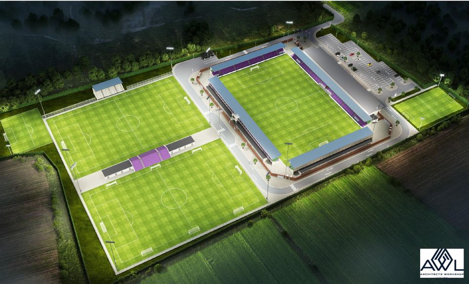 What Wexford FC's new stadium could look like when finished. To the left are the two all-weather pitches and temporary stand which are contained in phase 1.