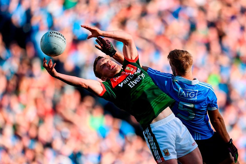 Andy Moran of Mayo in action against Jonny Cooper of Dublin during the GAA Football All-Ireland Senior Championship Final match between Dublin and Mayo at Croke Park in Dublin. Photo by Stephen McCarthy/Sportsfile