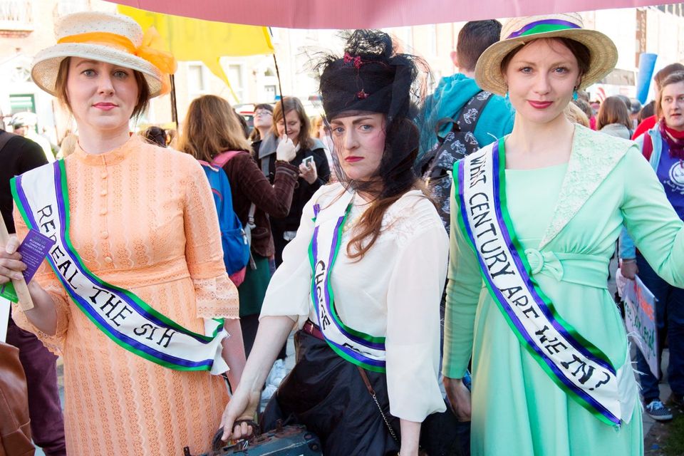 SUFFRAGETTE CITY: Mary McGill, Boin De and Sarah O’Toole travelled up from Galway to
take part in the the pro-choice rally in Dublin yesterday