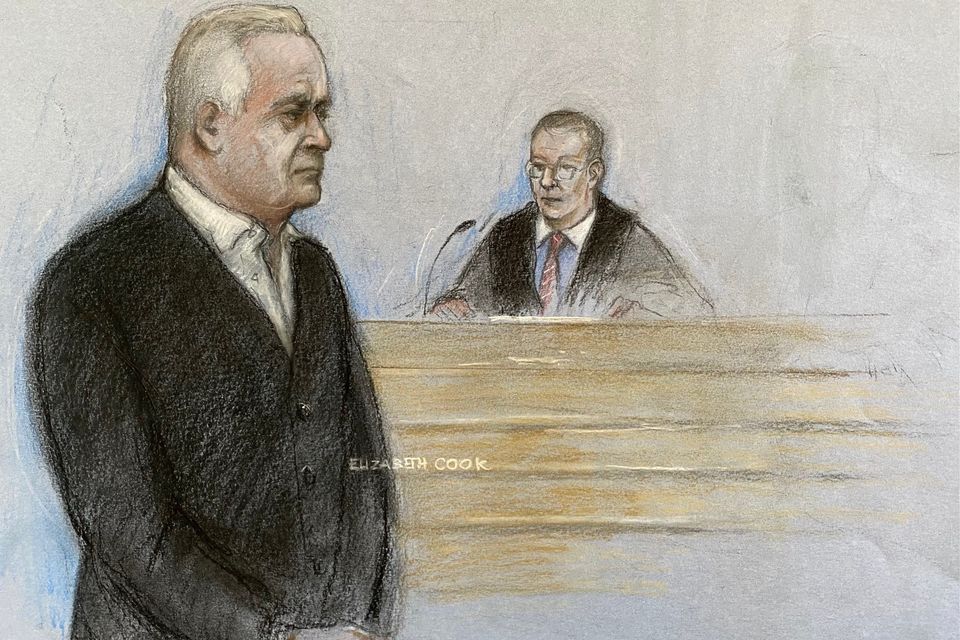 Court artist drawing by Elizabeth Cook of former BBC broadcaster Huw Edwards stands in the dock at Westminster Magistrates’ Court, London (Elizabeth Cook/PA)