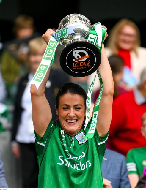 Joanne Doonan of Fermanagh lifts the West County Hotel cup 