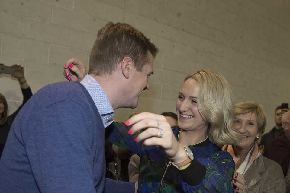 9/2/20 Helen McEntee celebrates getting re-elected with her husband Paul and supporters at the Election 2020 count centre for Meath East in Ashbourne, Co Meath. Picture: Arthur Carron.