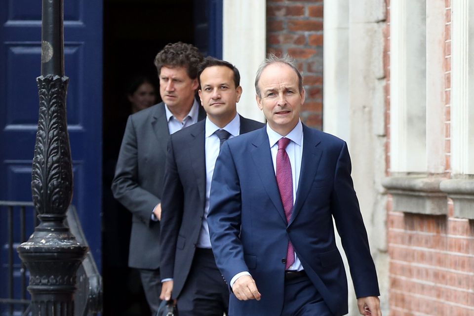 Leader of the Green Party Eamon Ryan with Tanaiste Leo Varadkar and Taoiseach Micheal Martin leaving the first Cabinet meeting in Dublin Castle in June. Photo by Sam Boal
