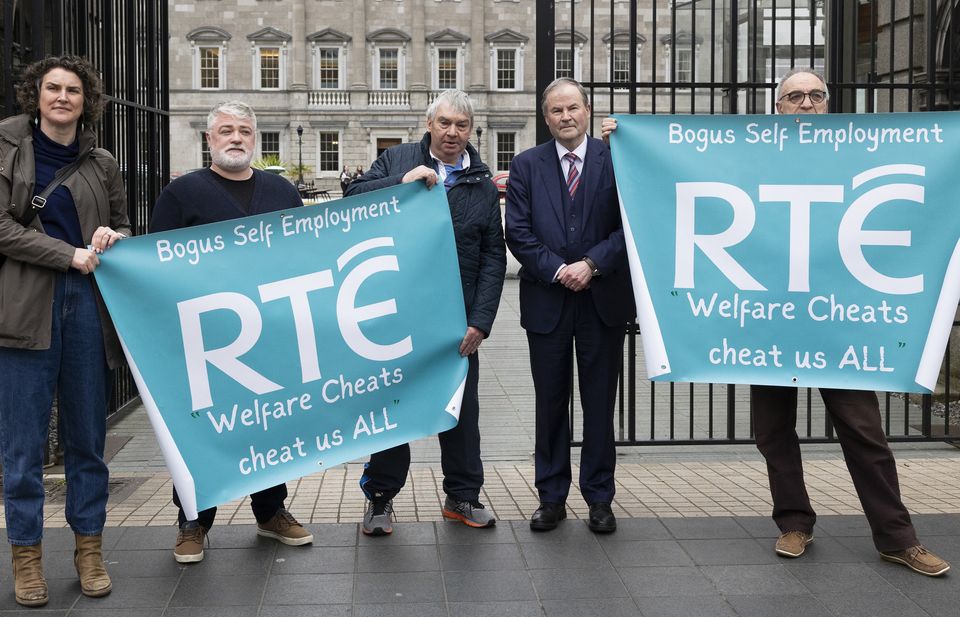 RTÉ workers Maebh Keary Di Lucia, Joey Kelly, Brian Carthy, Jim Jackman and Keith Holland protest at Leinster House yesterday.  Photo: Collins