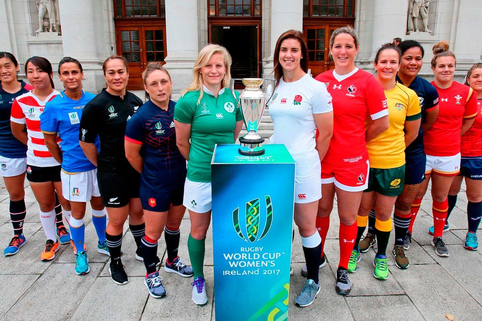 The international captains pose with the World Cup trophy ahead tomorrow’s kick-off in Dublin. Pic: Getty Images