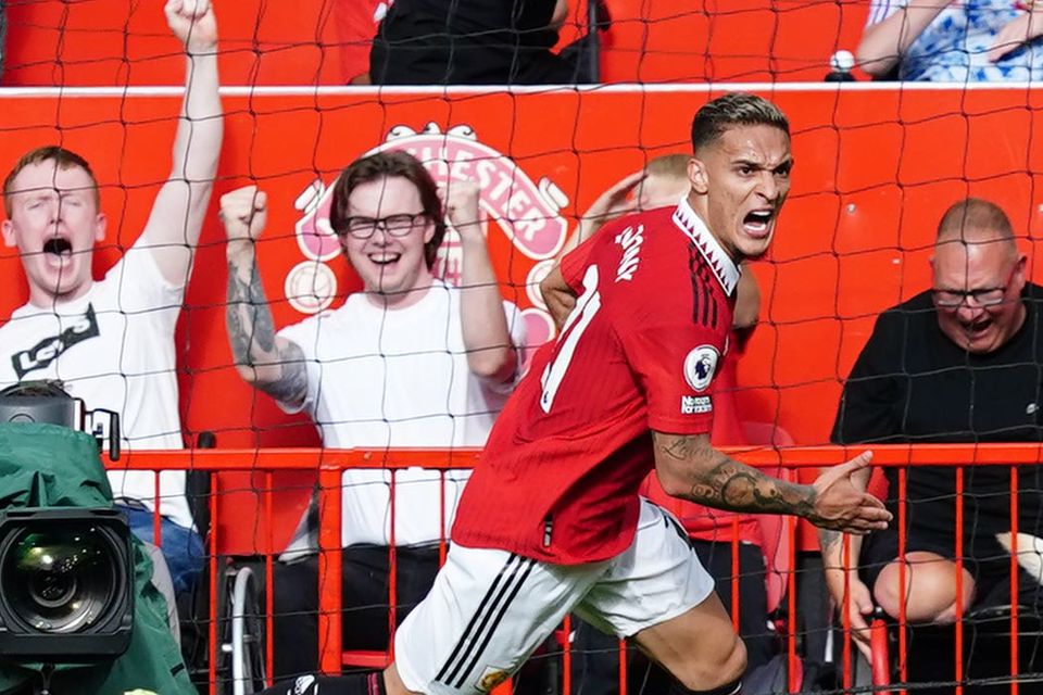 Antony celebrates a debut goal for Manchester United (Martin Rickett/PA)