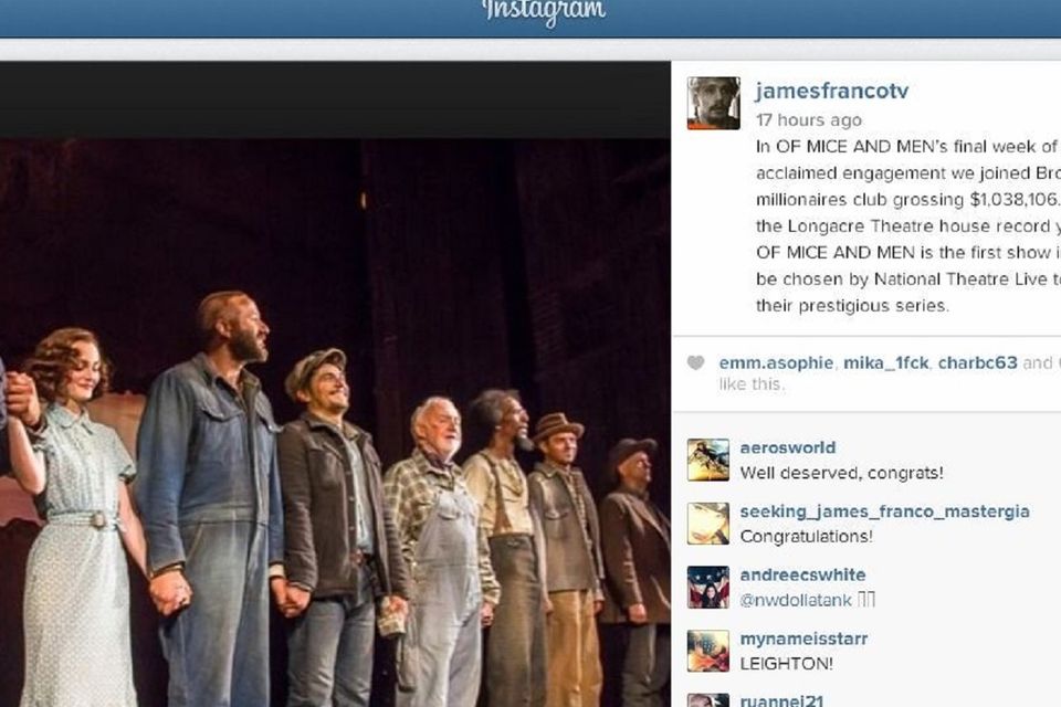 James Franco, Chris O'Dowd and Leighton Meester starred in the Broadway production of Of Mice And Men (James Franco/Instagram)