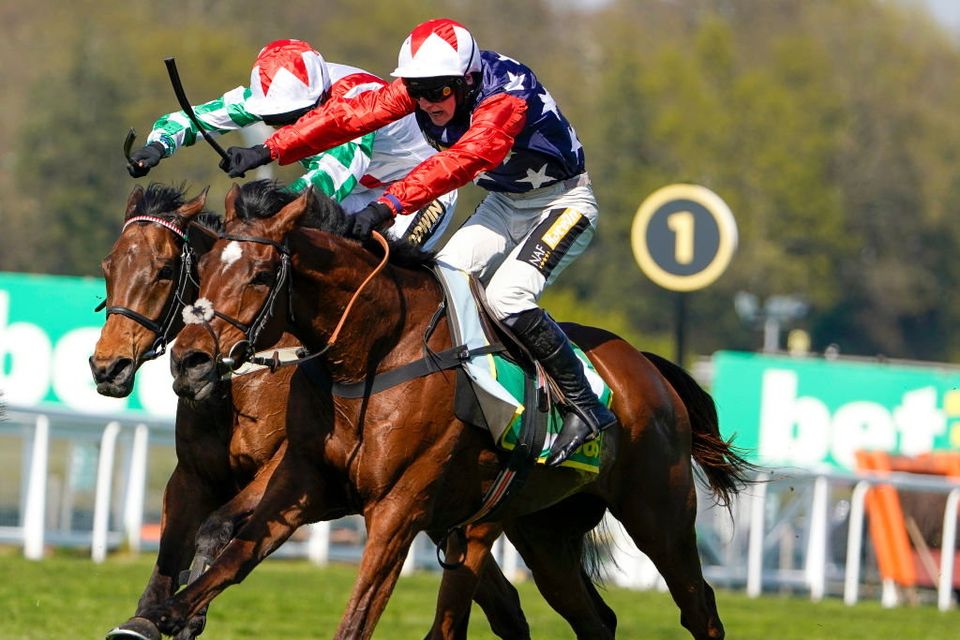 Kitty's Light, right, ridden here by Jack Tudor, can score another big race win in the Bet365 Gold Cup at Sandown. Photo: Alan Crowhurst/Getty Images