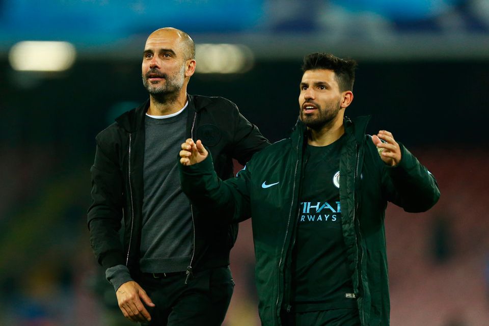 Josep Guardiola of Manchester City and Sergio Aguero of Manchester City  during the UEFA Champions League football match Napoli vs Manchester City on November 1, 2017 at the San Paolo stadium in Naples. Manchester City won 2-4.
(Photo by Matteo Ciambelli/NurPhoto via Getty Images)
