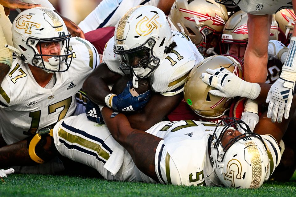 24 August 2024; Georgia Tech Yellow Jackets running back Jamal Haynes goes over to score his side's second touchdown during the 2024 Aer Lingus College Football Classic match between Florida State and Georgia Tech at Aviva Stadium in Dublin. Photo by Brendan Moran/Sportsfile 