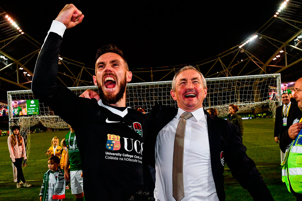 Cork City manager John Caulfield and goalkeeper Mark McNulty celebrate Cup glory last year