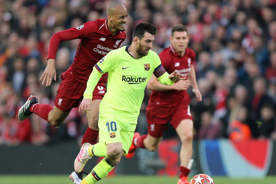Barcelona's Lionel Messi gets away from Liverpool's Fabinho during the UEFA Champions League semi-final second leg at Anfield five years ago today. Photo: Rich Linley - CameraSport via Getty Images