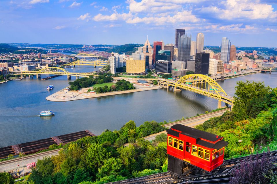 The Duquesne Incline railroad near Pittsburgh's South Side and scaling Mt Washington