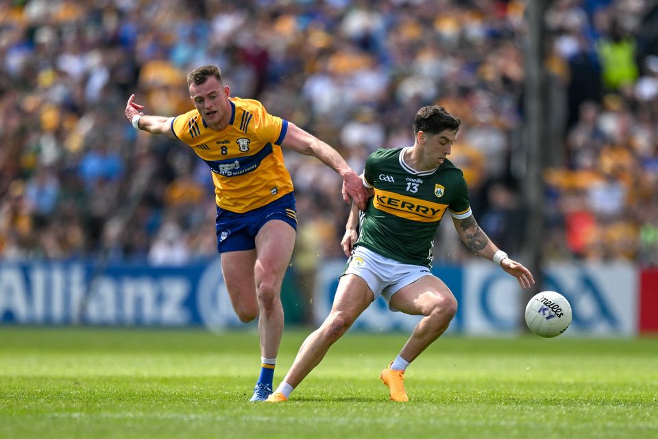 Tony Brosnan of Kerry in action against Darragh Bohannon of Clare during the Munster GAA Football Senior Championship final match between Kerry and Clare at Cusack Park in Ennis, Clare. Photo by Brendan Moran/Sportsfile