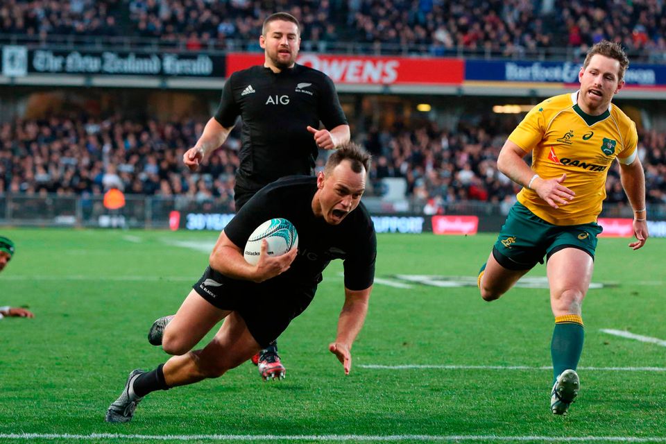 New Zealand's Israel Dagg scores a try during the third rugby Bledisloe Cup Test between the New Zealand All Blacks and Australia at Eden Park in Auckland