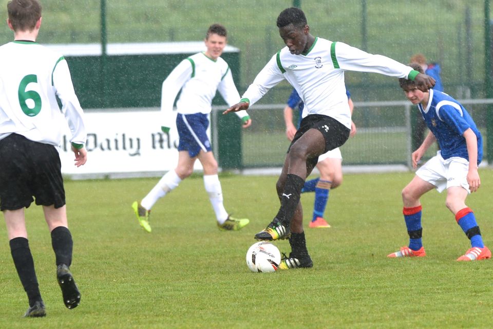 19/05/15.Tobe Ositelu  during the Under 15s soccer final between Colaiste Phadraig CBS and Templeouge College at Peamount Utd.
Pic: Justin Farrelly.