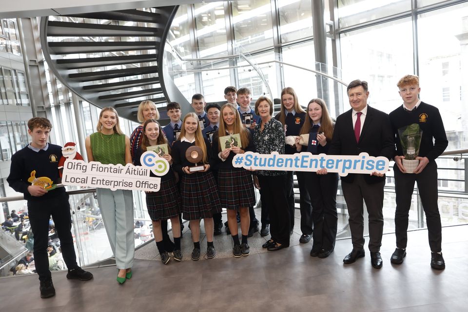 Finalists in the 2024 Student Enterprise Programme National Final with Brand Ambassador, Louise Cantillon and representatives from Enterprise Ireland, the Local Enterprise Offices and the Local Authorities of Ireland  promoting the event which takes place on  May 9 in Mullingar.