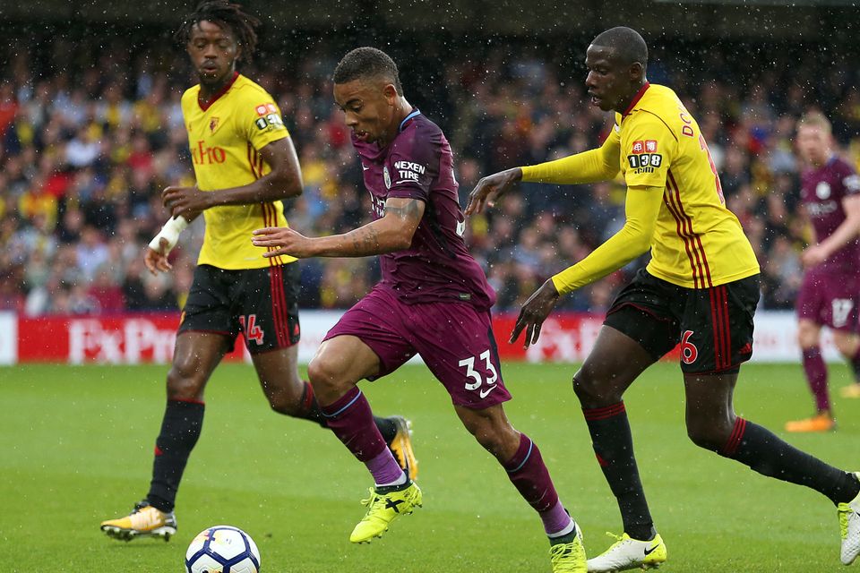Manchester City's Gabriel Jesus, in maroon, grabbed a goal at Watford on Saturday