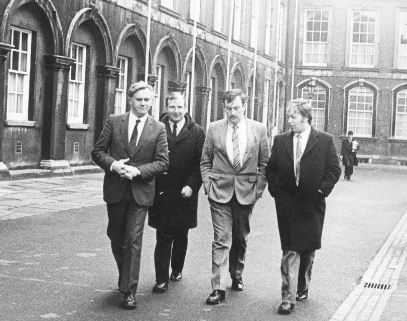 Sergeant PJ Browne (2nd from left) leaving the Kerry Babies Tribunal after giving evidence, with Detective Superintendent John Courtney (left), Detective Sergeant Shelly and Detective Sergeant Mossey O'Donnell. Photo: Eamonn Farrell/RollingNews.ie