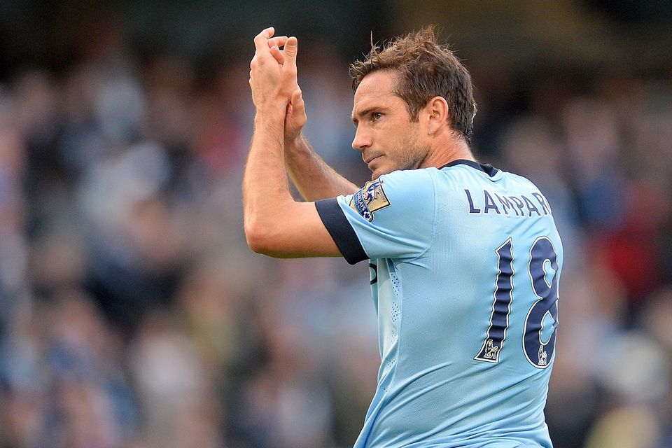 Manchester City's Frank Lampard applauds the fans after scoring against his old club Chelsea.