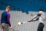 thumbnail: Courtney Lawes plays hurling during a Northampton Saints captain's run at Croke Park in Dublin. Photo: Harry Murphy/Sportsfile