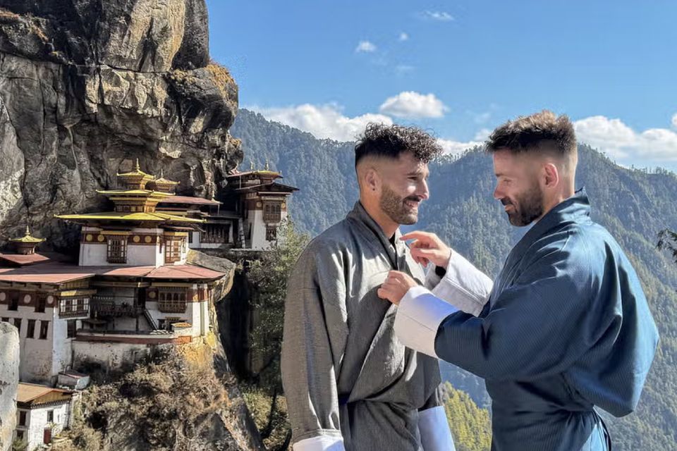 Stefan and Sebastien at the Tigers Nest Monastery in Bhutan. Photo: Nomadic Boys