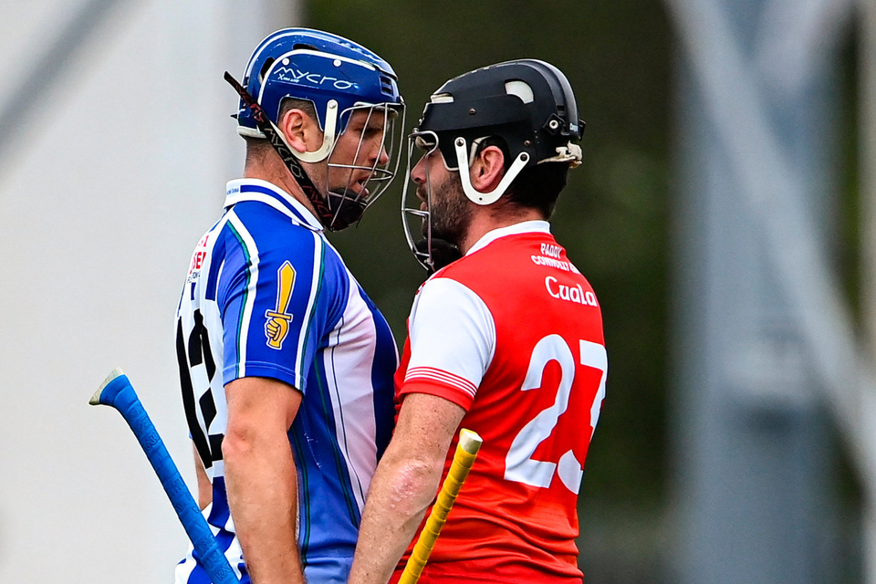 NO BACKING DOWN: Ballyboden’s Conal Keaney and Cuala’s Colum Sheanon exchange words before both were sent off during the Dublin SHC final on Sunday