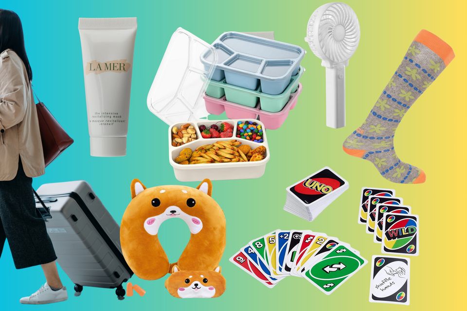 Clockwise from top left: La Mer Intensive Revitalising Mask; MEEYUU bento lunchbox;  Daewoo handheld fan;  Fitlegs socks; Uno card game and Cirorld kids travel pillow