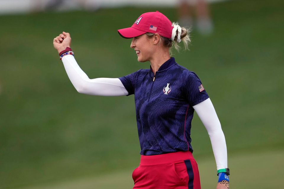 Nelly Korda celebrates a United States victory against Europe on the 14th hole at the Solheim Cup in Virginia (Matt York/AP)