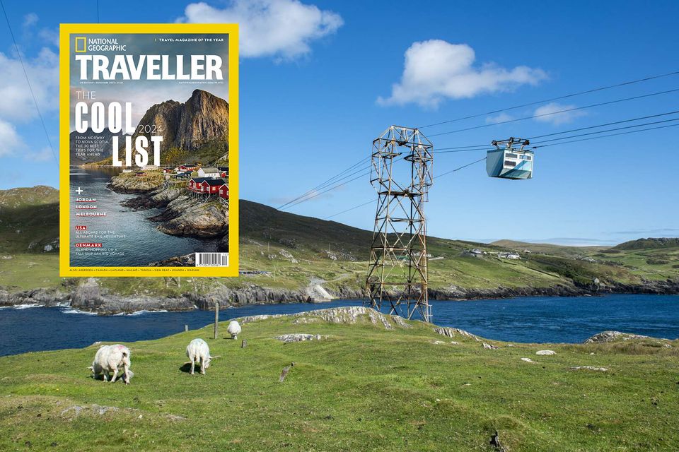 The Dursey Island cable car (Photo: Arthur Ward / Tourism Ireland) with National Geographic's 'Cool List' cover (inset)